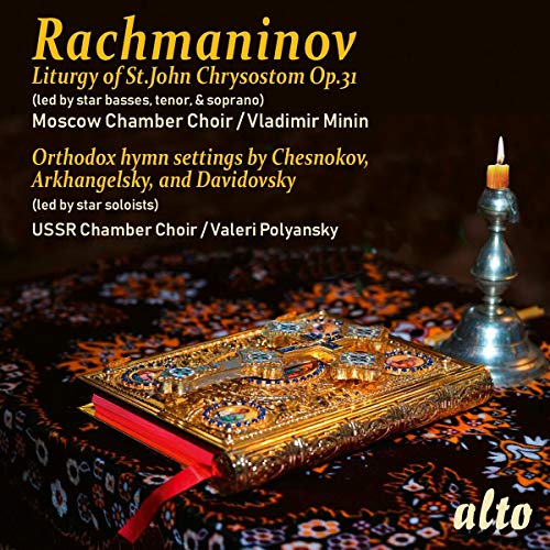 CD cover featuring an ornate book, candle, and text about Rachmaninov’s Liturgy.