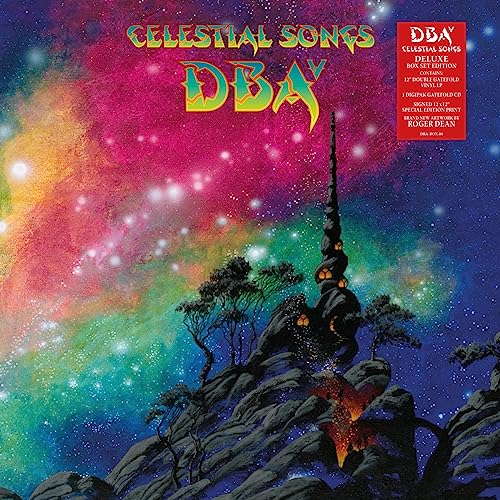 Album cover: colorful fantasy landscape with castle and text “Celestial Songs”.