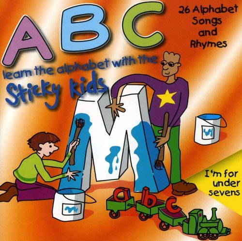 "CD cover featuring cartoon characters painting a large 'M' with alphabet toys around."