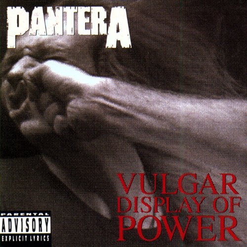 "Album cover with 'Pantera' in white and 'Vulgar Display of Power' in orange, featuring clenched fists."