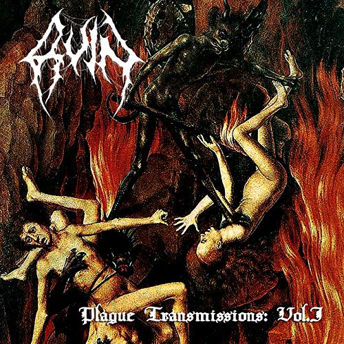 Album cover art: dark, medieval scene with plague victims and a horseman, gothic font text.