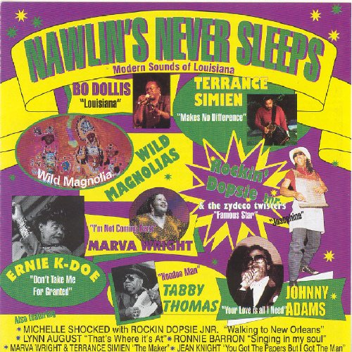 "Album cover with purple background, yellow banners, and photos of musicians."