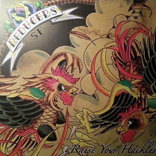 Vinyl record cover with traditional tattoo-style rooster and snake art.