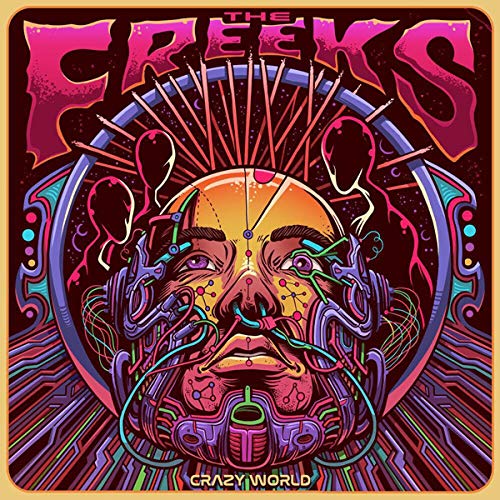 Psychedelic album cover for The Freeks’ “Crazy World” featuring a face illustration.