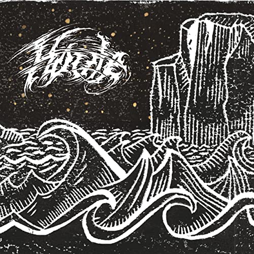 Black and white woodcut style image of waves, cliffs, and a flying figure.