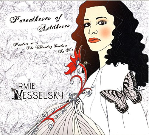 "Album cover featuring a woman with butterflies on her dress, intricate background."