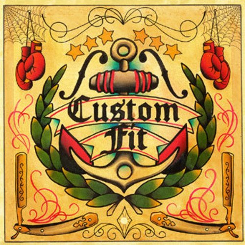 Traditional tattoo-style artwork featuring boxing gloves, an anchor, and the word "Custom.