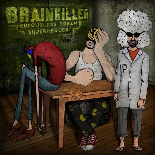 Album cover: three cartoon figures seated at a table, distressed aesthetic.