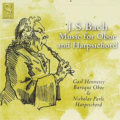 CD cover: portrait of Bach with oboe player, title “Music for Oboe and Harpsichord.”