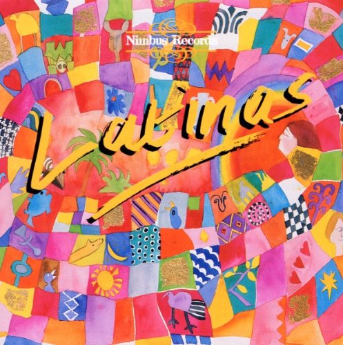 "Album cover with 'Latinas' in yellow text on a colorful, patchwork background."