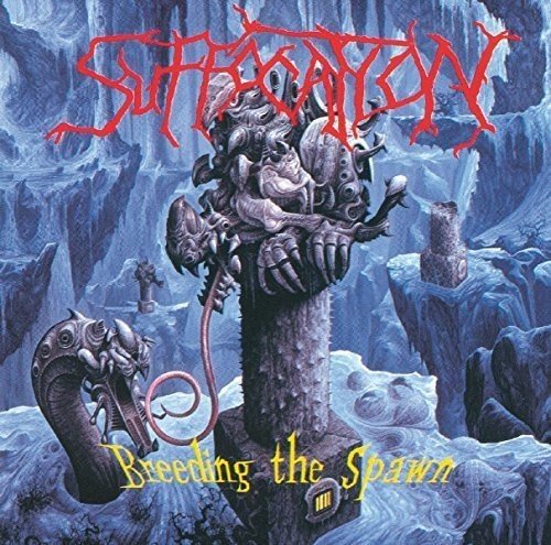 Suffocation album cover: grotesque monster in a desolate, blue landscape.