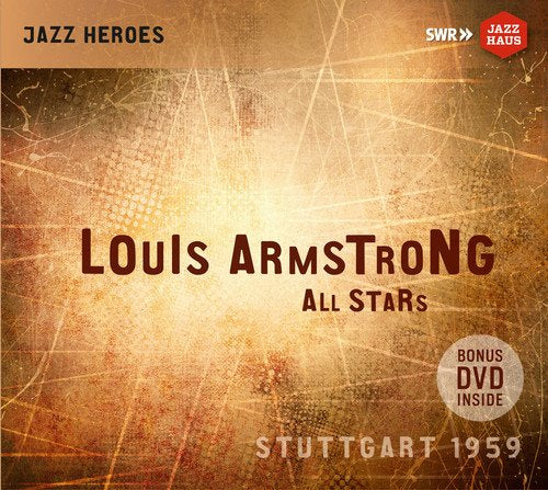"Louis Armstrong All Stars CD cover with brown and gold abstract background, text, and logos."