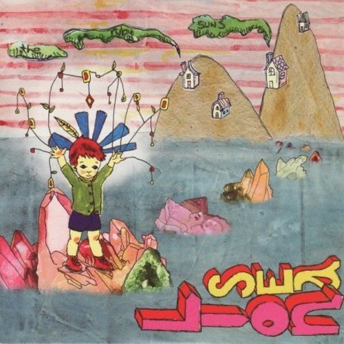 Painted album cover with a child, mountains, and abstract shapes.