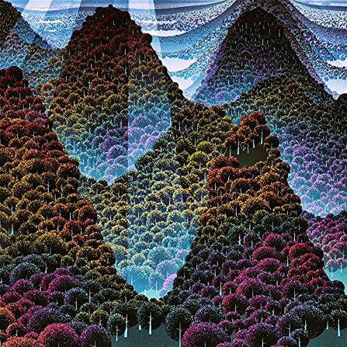 Fractal landscape of colorful, densely packed trees and mountains.
