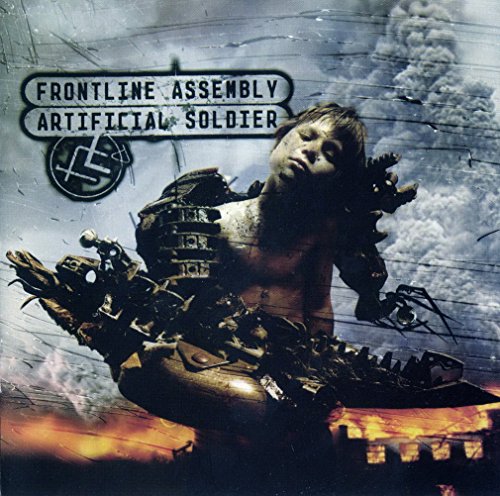 "Album cover with a man merged with machinery, amidst destruction and smoke."