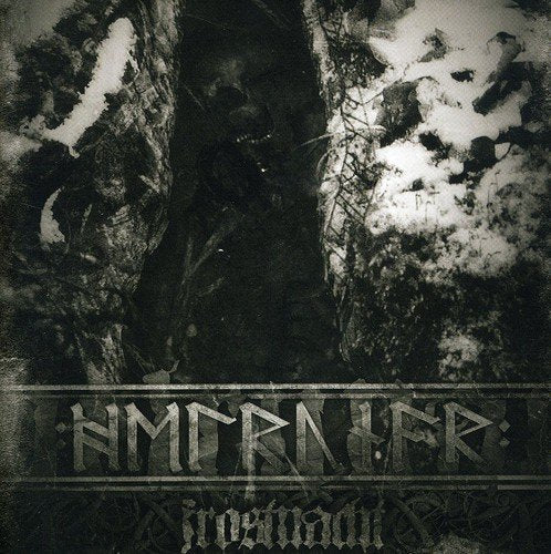 Dark, textured album cover for Helrunar’s “Frostnacht” CD with runic text.