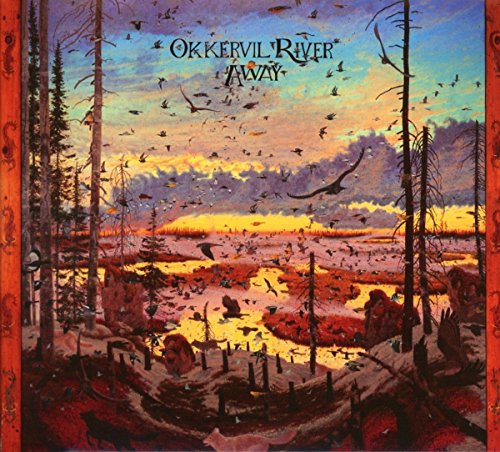 Painted album cover for Okkervil River’s “Away” with birds and trees.