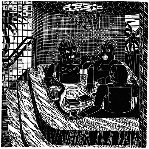 Black and white linocut of three robots relaxing in a jacuzzi.