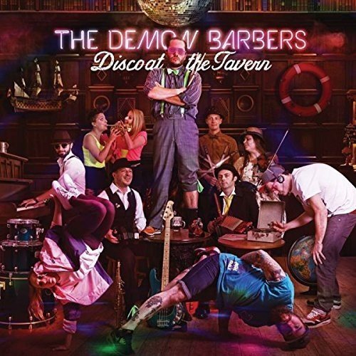 "Album cover with band members in a bar, dancing and playing instruments."