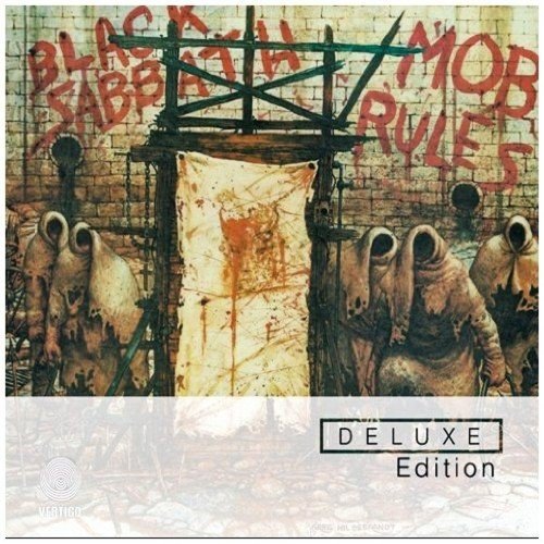 "Black Sabbath album cover art featuring robed figures and a gallows with a banner."