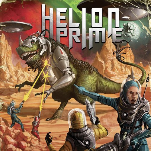 Retro sci-fi album cover featuring a robotic dinosaur and space explorers.