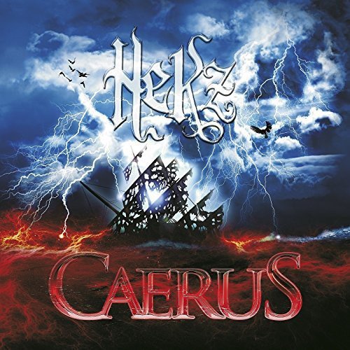 "Album cover with 'Hekz' and 'Caerus' text, featuring a ship in a stormy sky."