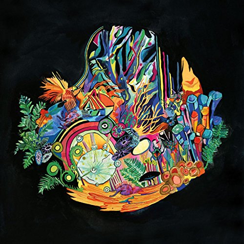 Colorful, abstract painting of an ear with flora and fauna details.