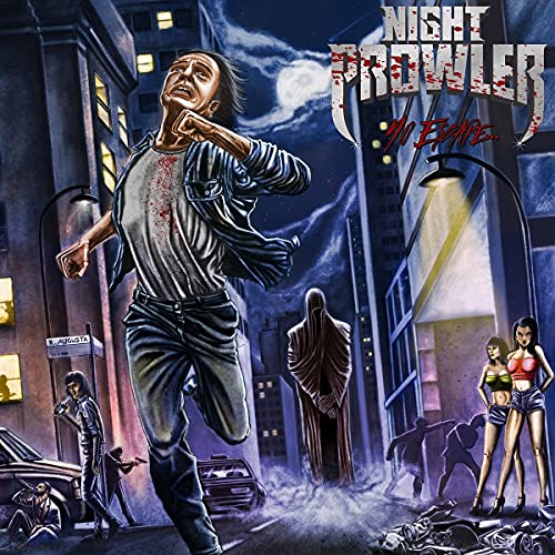 Horror album cover: injured man running through a dark, urban street.