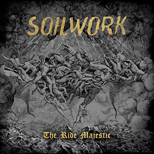 "Album cover with 'Soilwork' in gold, featuring a black and white chaotic illustration."