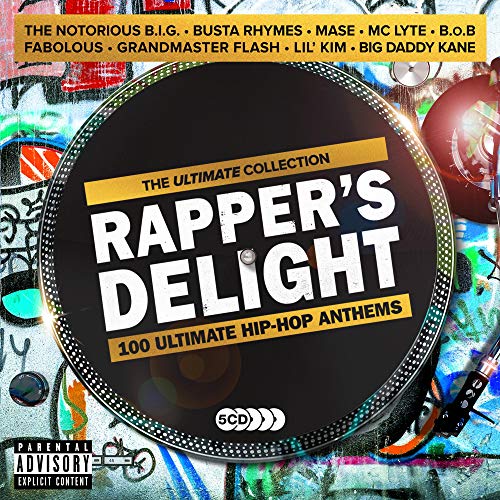 "CD cover with 'Rapper's Delight' title, vinyl record, and hip-hop artist names."