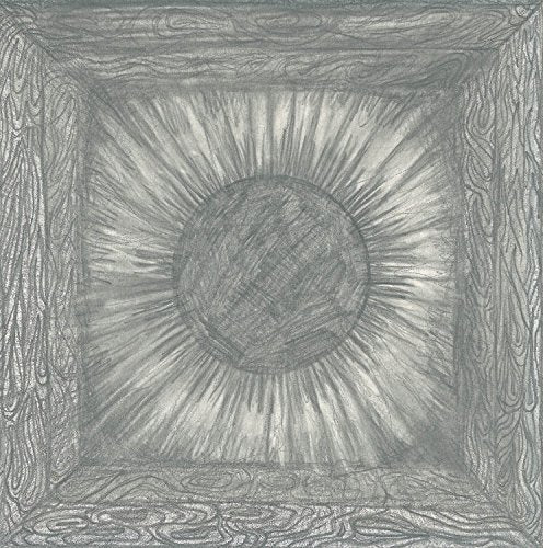 Pencil drawing of a sunburst within a square, textured frame.