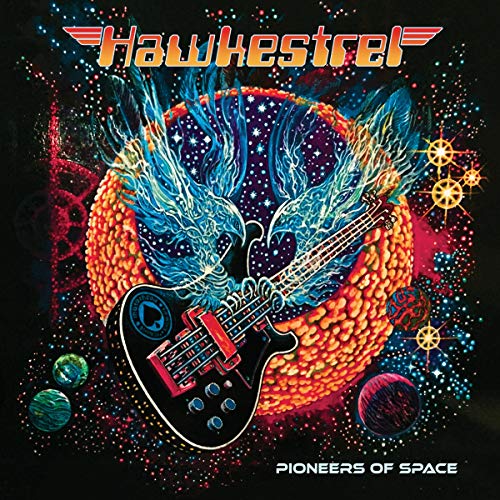 "Album cover with a guitar and blue birds in space, titled 'Hawkestrel: Pioneers of Space'."