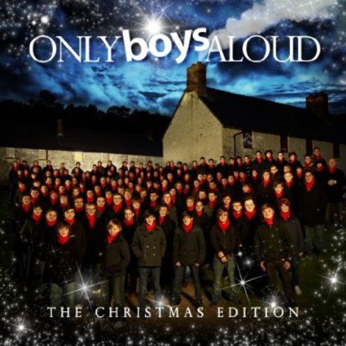 "Album cover featuring a large group of boys in red and black outside a building."