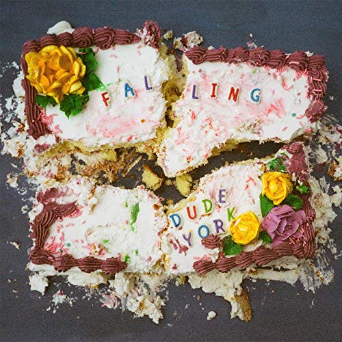 Broken cake pieces spell "Dude York Falling" with floral decorations.