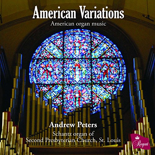 "CD cover featuring a stained-glass window and organ pipes, titled 'American Variations'."