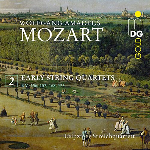 CD cover for Mozart's Early String Quartets with a garden landscape.