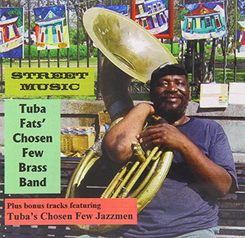 "CD cover featuring a man holding a tuba, with colorful banners in the background."