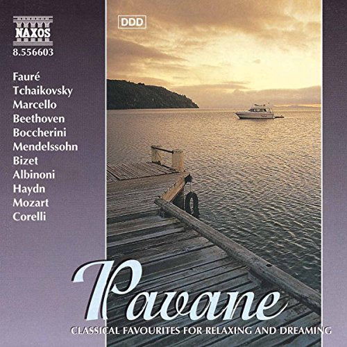 CD cover with a wooden pier, calm sea, and list of composers.