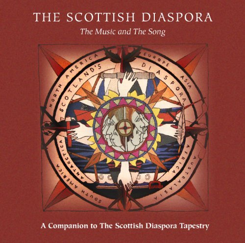 "CD cover with stained glass compass and 'The Scottish Diaspora' title on red background."