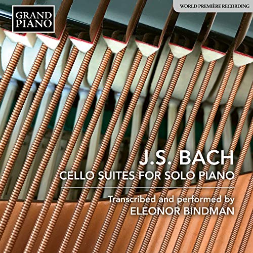CD cover featuring piano strings and text: “J.S. Bach, Cello Suites.”