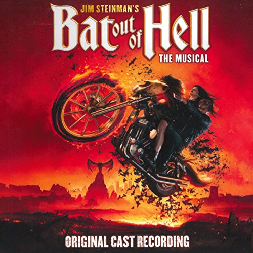 "Album cover for 'Bat out of Hell: The Musical' with a man on a flaming motorcycle."