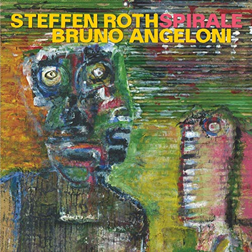 "Album cover with abstract, colorful painting and artist names in yellow and pink text."