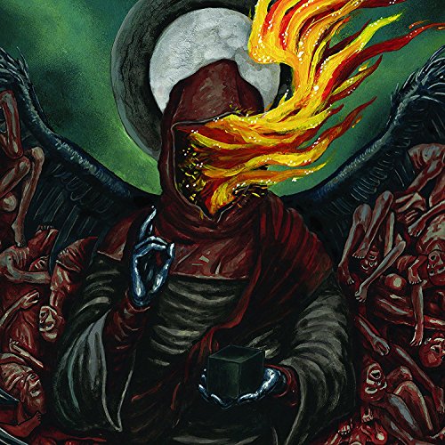 Painting of a hooded, winged figure engulfed in flames, holding a cube.