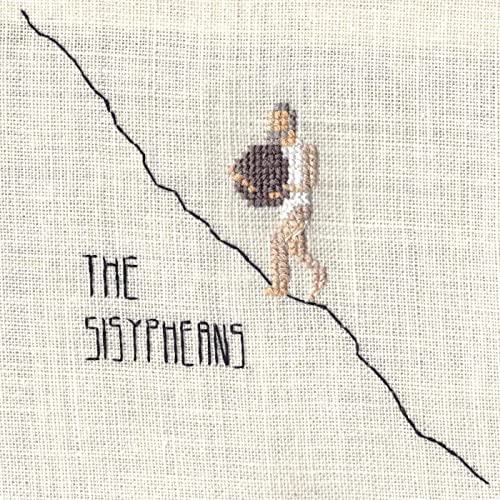 Embroidered image of a figure pushing a boulder uphill on textured fabric.