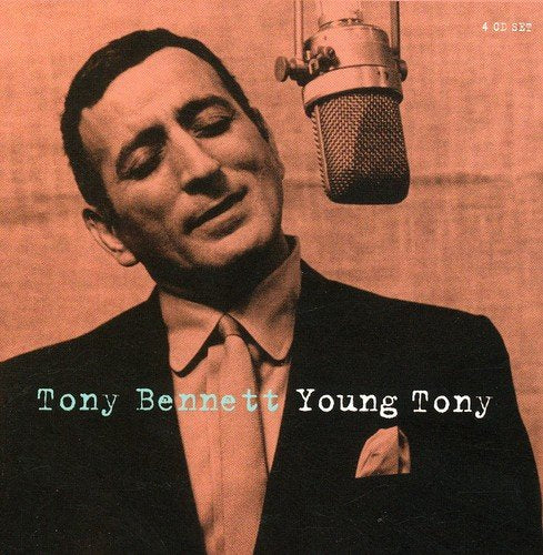 "Tony Bennett in a suit, singing into a vintage microphone, sepia-toned album cover."