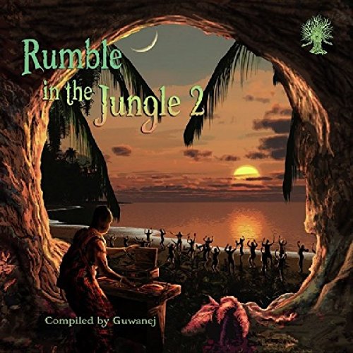 "CD cover art: jungle scene with people dancing at sunset, compiled by Guwanej."