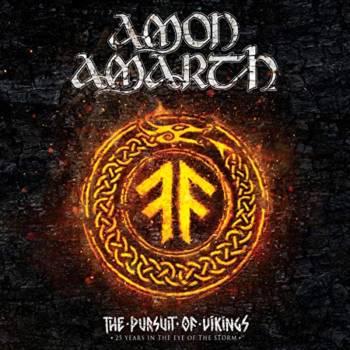 Amod Amarth DVD cover with yellow Viking symbol on black background, titled "Pursuit of Vikings".