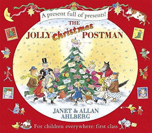 "Red children's book cover featuring cartoon characters around a decorated Christmas tree."