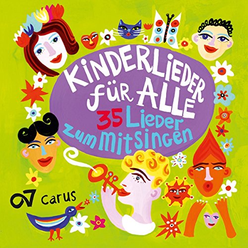 "Colorful CD cover with cartoon faces, flowers, and text on a green background."