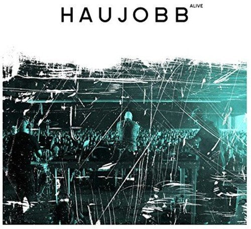 "Haujobb album cover featuring a distorted image of a band performing to a crowd."